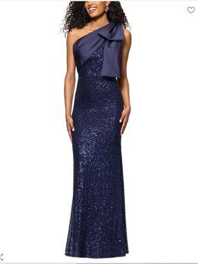 AQUA Off the Shoulder Long Sequined Satin Bow Navy Blue Evening Gala Gown SIZE 2